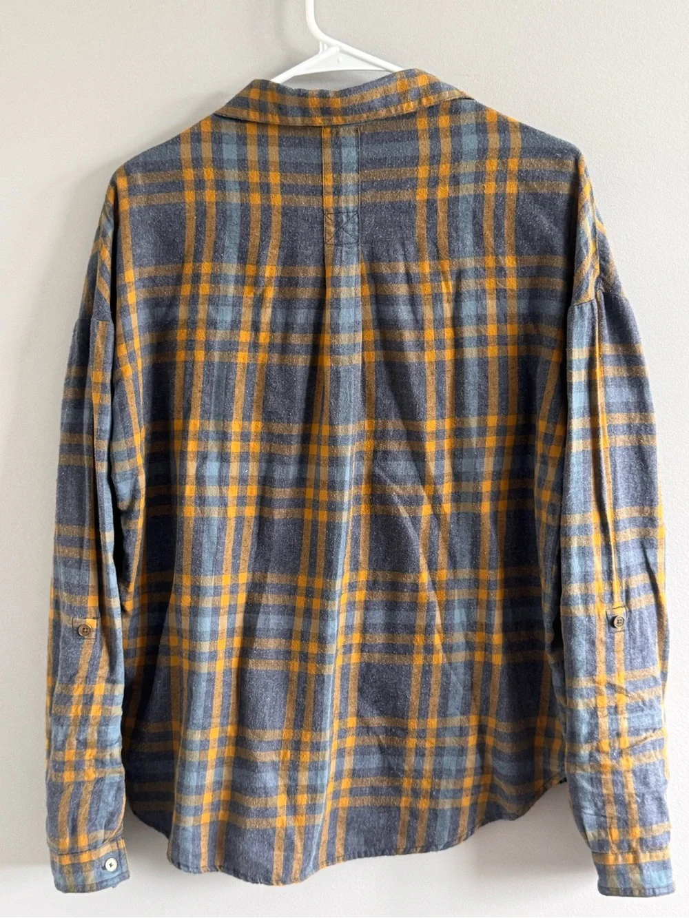 prAna Organic Cotton Plaid Flannel Shirt Women’s Large Blue Gold - Picture 3 of 6